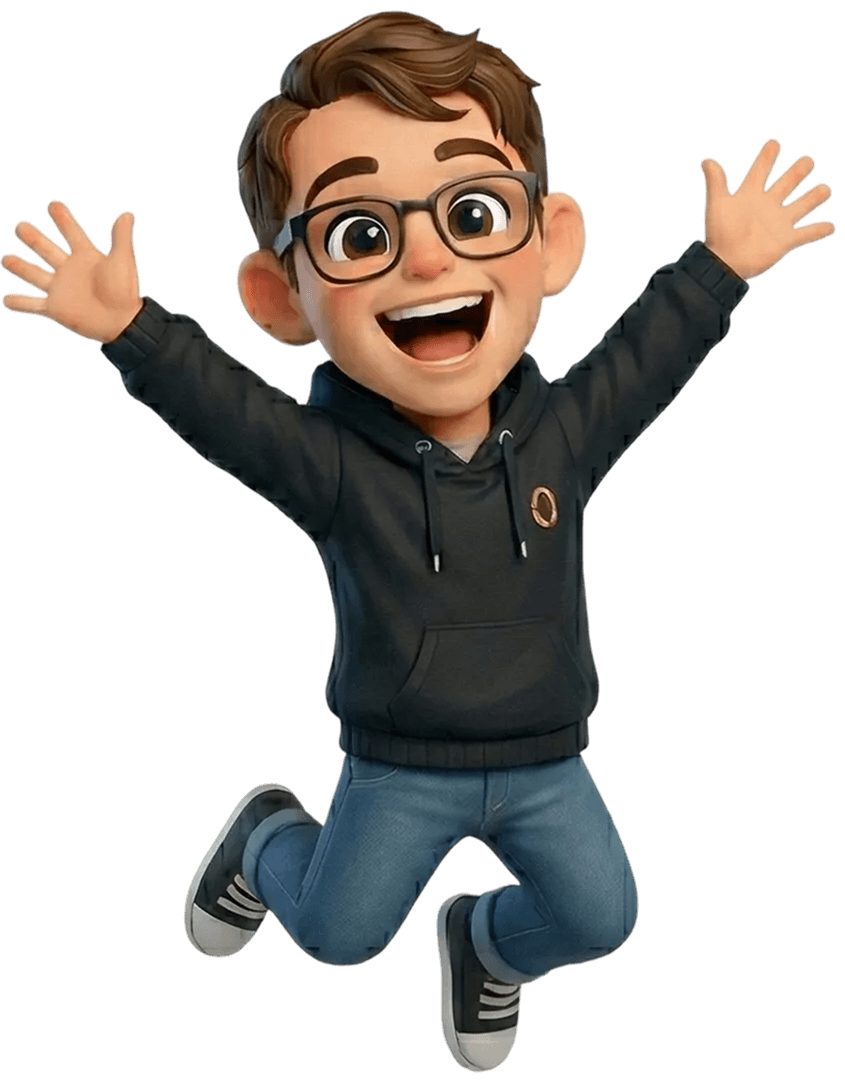 3D illustratie van Dennis die enthousiast juicht